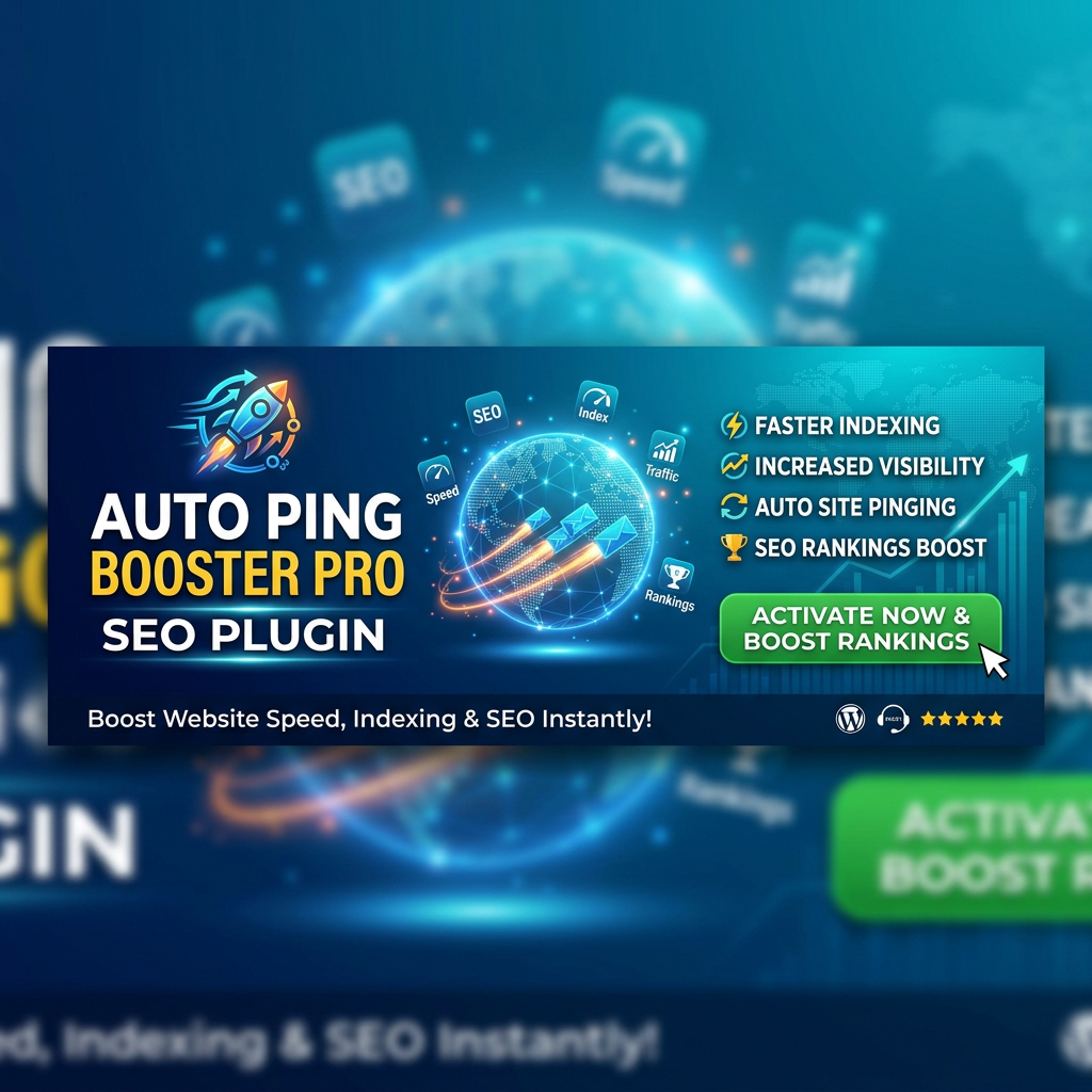 Auto Ping Booster Pro SEO plugin advertisement showing features: faster indexing, increased visibility, auto site pinging, SEO rankings boost